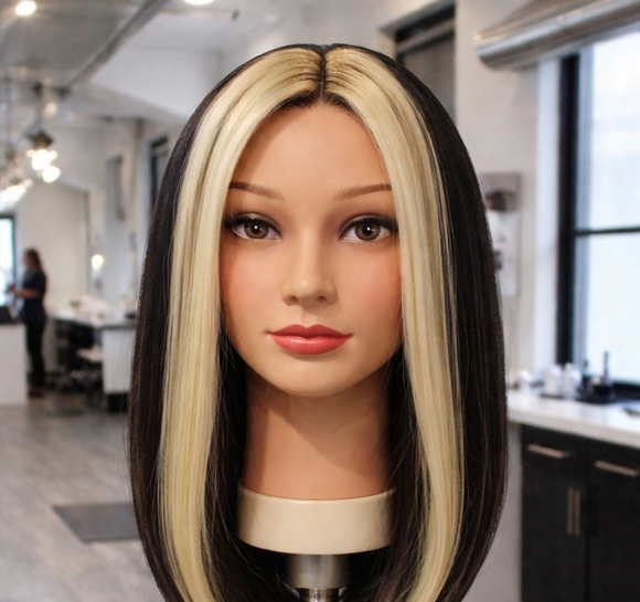14 Inch Long Straight Dark Brown Synthetic Wig With Blonde Highlights. - Picture 1 of 4